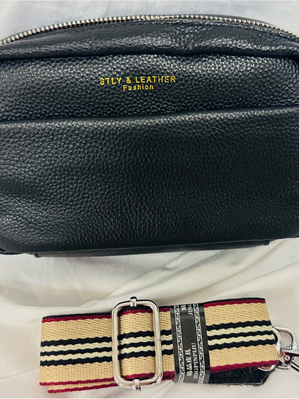 Black Pebbled Leather Men’s Belt Bag with Removable Stripe Strap
